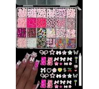 3D Pink Flower Nail Charms, Candy Bear Star Bow Nail Art Charms for Nails, Alloy Cherry Butterfly Nail Charms Y2K, White Flatback Pearl for Sum Nail Accessories, DIY Crafts with Pickup Tools