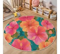 3D Pink Orange Hibiscus Flowers Green Leaves Carpet,Tropical Plants Rug,Round Carpet For Living Room Bedroom Decoration,Sofa Floor Mats Chair Mats Outdoor Doormat Kid Play Non-Slip Floor Mat,100Cm