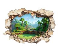 3D Pixel Block Wall Decal - Cube World Forest Mural with Smashed Hole Effect, Gamer Room Decor for Kids, Peel & Stick Vinyl (40×60 cm)
