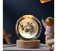 3D Planet Crystal Ball 8cm with LED Wooden Base, Engraved Solar System Globe Table Lamp, Home Decoration (Moon)