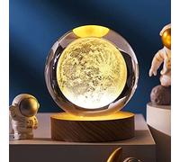 3D Planet Crystal Ball,Moon Crystal Ball with Wooden Base,3D Crystal LED Night Light,Space Galaxy Crystal Ball,3D Engraved Solar System Planets Crystal Ball with LED Light Base,Home Decoration (D)