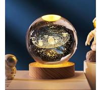 3D Planet Crystal Ball Night Light, Space Crystal Ball Creative Astronomy Night Light, 3D Engraved Solar System Crystal Ball, Crystal Lamp with Woodern Base Gift for Family (A)