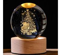3D Planet Crystal Ball Night Light With Wooden Base - Moon LED Light, Engraved Solar System Planets - Home Decoration