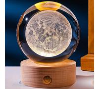 3D Planet Night Light, Luminous Moon Crystal Ball Light with Wooden Base Round Crystal Night Lamp with Charging Cable Ornament Room Decor Birthday Gift