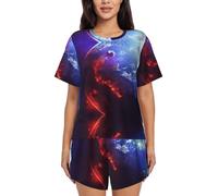 3d Planet Space Stars Print Two-Piece Women'S Pajamas,Summer Short-Sleeved Round-Neck Pajamas,Casual Home Clothes Black