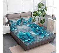 3D Plant Blue Flowers Printed Fitted SheetKing, Soft Microfiber Fitted Bed Sheets Shrinkage Fade Resistant Bedding with 2 Pillowcases, Deep Pocket 30cm Fitted Sheet for Single Double King, Blue-Green