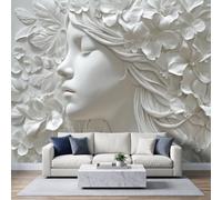 3D Plaster Relief Photo Wallpaper 200x140cm, Non-Woven Premium Art Print Mural Wallpaper, Female Sculpture White Orchids Fleece Wall Mural Decoration Poster Picture