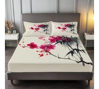 3D Plum Blossom Double Fitted Sheet Chinese Theme Fitted Sheets Deep Pocket 30 cm Soft Bed Sheets Microfiber Bedding 120x190 cm with 2 Pillowcases for kids and aldults XCW4569
