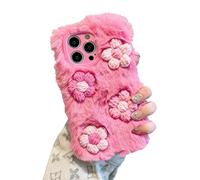 3D Plush Flower Phone Case for iPhone 15 Pro Max Cover, Lovely Fluffy Furry Girly Protective Case for Girls Women, Warm Soft Faux Fur Shockproof Shell Anti-Shock Cover for Pink iPhone 15 Pro Max