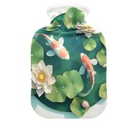 3D Pond Scenery Fish and Flowers Water Bottle for hot Water with Soft Cover, 1L Water Bag for Neck and Shoulder Pain Relief, Arthritis, Bolsa Caliente para Dolores musculares