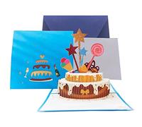 3D Pop Up Birthday Cake Greeting Card with Envelope for Women Wife Husband Mom Dad Son (Blue)