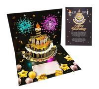 3D Pop Up Birthday Card with Lights, Multilayer Happy Birthday Card with Envelope, Fireworks Greeting Cards with Cake, Dimensional Happy Birthday Gifts for Women Men Friends Kids