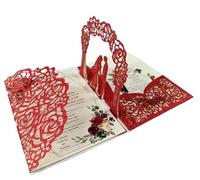 3D Pop Up Card Trifold Pocket Wedding Invitation Laser Cut Greeting for Wedding Ceremony(Red)
