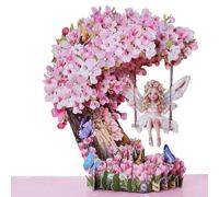 3D Pop Up Card with Cherry Blossom Tree, Fairy Swing, Butterflies, Pink Floral Design,3D Pop Up Cherry Blossom Card with Envelope and Note Tag，Handmade inlaid white and pink crystal，3D Pop Up Birthday