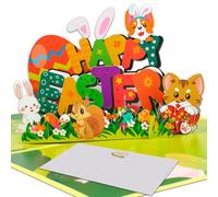 3D Pop-Up Easter Card Happy Easter Greeting Card with Cute Corgi Cat Rabbit Squirrel Decorated Eggs Flowers and Spring Garden Scene Religious Easter Card for Children and Adults