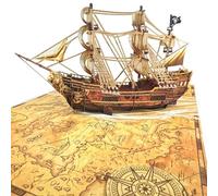 3D Pop Up Greeting Card - Handmade Pirate Ship Card with Treasure Map - Sailing Boat with Skull Flag - Birthday, Adventure Party, Nautical & Retirement Gift