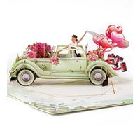 3D Pop Up Greeting Wedding Card, Romantic Wedding Anniversary Card, Blue Car with Floral Watercolor Cover, Engagement, Bridal Shower, Newlyweds, Weddings Congratulations (Green)