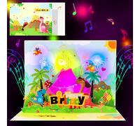 3D Pop Up Musical Dinosaur Birthday Card with LED Lights, Lava Eruption Volcano Theme, Colorful Cartoon Dinosaurs, Plays Happy Birthday Song, Includes Envelope & Blank Note Card for Kids, Boys, Girls