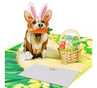 3D Pop Up Religious Easter Card Cute Corgi Bunny with Carrot Easter Basket, Spring Christian Greeting Card for Kids & Adults, Handmade Holiday Card with Envelope and Blank Note Card