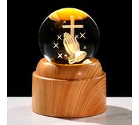 3D Praying Hands Crystal Ball with Rotatable LED Light Base, Christian, Religious Gifts for Women Friend Mom - 2.36'' Sphere Engraved 3D Hand Holding A Cross Figurine Decor - Gift Boxed