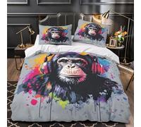 3D Print 3 Pcs Bedding Set Bedroom Decor Zipper Closure Design Chimp Wearing Headphones Comforter Cover Easy Care Machine Washable for Teens,Youth,Boys vibrant Pop Quilt Cover Single（140x200cm）