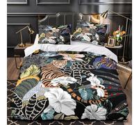 3D Print 3 Pcs Bedding Set Bedroom Decor Zipper Closure Design Tiger Amidst Flowers Comforter Cover Easy Care Machine Washable for Teens,Youth,Boys Botanical Jungle Quilt Cover Double（200x200cm）