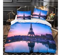 3D Print 3 Pcs Bedding Set Home Decor Zipper Ultra Soft Paris Skyline Duvet Cover Hypoallergenic Machine Washable for Children,Boys,Youth Evening Cityscape View Comforter Cover Double（200x200cm）