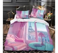 3D Print 3 Pcs Bedding Set Room Decor Zipper Super Soft Paris View Balcony Comforter Cover Durable Machine Washable for Kids,Teens,Women Pink Romantic Decor Quilt Cover Super king（260x220cm）