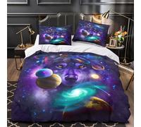 3D Print 3-Piece Bedding Set Home Decor Zipper Closure Extra Cosmic Wolf Duvet Cover Hypoallergenic Machine Washable for Children,Youth,Women Galaxy Fantasy Comforter Cover Single（140x200cm）