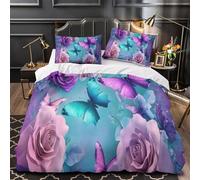 3D Print 3-Piece Bedding Set Room Decor Zipper Closure Ultra Purple Butterflies Comforter Cover Breathable Wrinkle-Resistant for Kids,Teens,Boys Fantasy Floral Quilt Cover Single（135x200cm）