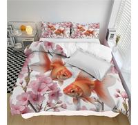 3D Print 3 Pieces Bedding Set Home Decor Hidden Zipper Super Soft Cherry Blossoms Goldfish Quilt Cover Washable Hotel Quality for Adults, Teenagers, Springtime Japanese Style Duvet Cover 230x220cm