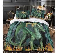 3D Print 3PCs Bedding Set Bed Decor Zipper Super Soft Green Dragon Fantasy Comforter Cover Hypoallergenic Machine Washable for Kids,Adults,Youth medieval Fantasy Quilt Cover Single（140x200cm）