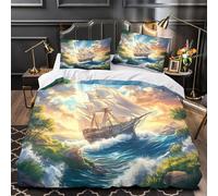 3D Print 3PCs Bedding Set Bed Decor Zipper Super Soft Sailboat at Sea Comforter Cover Hypoallergenic Machine Washable for Kids,Adults,Youth Fantasy Ocean Adventure Quilt Cover Single（140x200cm）