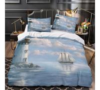3D Print 3PCs Bedding Set Home Decor Zipper Closure Design Lighthouse Seaside Duvet Cover Easy Care Hypoallergenic for Children,Teenagers,Boys nautical Painting Comforter Cover Single（135x200cm）