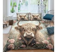 3D Print All Season Microfiber Highland cow portrait Duvet Cover Easy Care Bedding Set w/Pillowcase Vintage floral art Bedding Quilt Cover Breathable Washable for Kids Super king（260x220cm）
