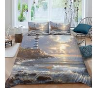 3D Print All Season Microfiber Lighthouse by sea Bed Quilt Cover Easy Care Bedding Set with Pillow Shams Coastal sunset paint Duvet Cover Set Breathable Washable for Teens Adults Single（135x200cm）
