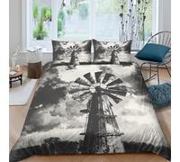 3D Print All Season Microfiber Rustic windmill Comforter Cover Easy Care Bedding Set w/ Pillowcase Vintage rural scene Quilt Cover Set Breathable Washable Kids Teens Boys Girls Super king（260x220cm）