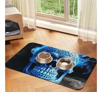 3D Print Blue Skull Pet Feeding Mat Absorbent Pu Leather Dog Cat Food Mats Contain Spills Protects Floors, Anti-Slip Rubber Backing Dog Bowl Mats Easy Clean Pet Placemats 30x45cm