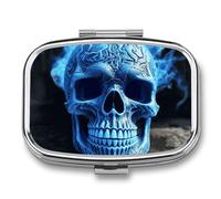 3D Print Blue Skull Pill Box 2 Compartment - Small Metal Medicine Organizer Portable Pill Case for Purse Pocket Travel Vitamin Organizer for Men Women, BPA-Free