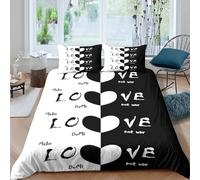 3D Print Breathable Microfiber Love message Comforter Cover Soft Bedding Set with Pillow Shams black white design style Quilt Cover All Season Washable for Kids Teens Boys Girls Super king（260x220cm）