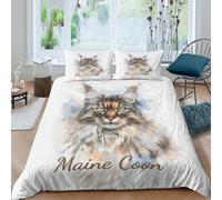 3D Print Breathable Microfiber Maine Coon cat Quilt Cover Easy Care Bedding Sets w/ Matching Pillowcase Watercolor pet portrait Duvet Cover Set All Season Washable Kids Teens Boys Girls (220x240cm)
