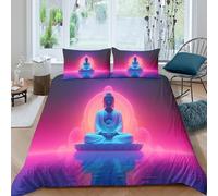 3D Print Breathable Microfiber meditation Buddha Comforter Cover All Season Bedding Set with Pillow Cases neon spiritual art Bed Quilt Cover Easy Care Soft Washable for Kids Single（135x200cm）
