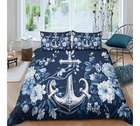 3D Print Breathable Microfiber nautical anchor Quilt Cover All Season Easy Care Bedding Set with Pillow Shams blue floral design Duvet Cover Set Machine Washable Soft for Home Decor Single（140x200cm）