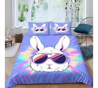 3D Print Breathable Microfiber Rabbit with sunglasses Comforter Cover Soft Bedding Set with Pillow Shams vibrant retro Quilt Cover All Season Washable for Kids Teens Boys Girls Super king（260x220cm）