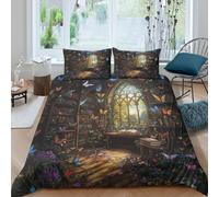 3D Print Breathable Microfibre Butterfly Library Quilt Cover Set Soft Bedding Set with Pillow Cases Fantasy Enchanted Comforter Cover All Season Breathable Washable for All Single（135x200cm）