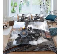 3D Print Breathable Microfibre Steam Train Quilt Cover Set Soft Bedding Set with Pillow Cases Historic Railway Scene Comforter Cover All Season Breathable Washable for All Super king（260x220cm）