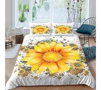 3D Print Breathable Microfibre Sunflower art Comforter Cover All Season Bedding Set with Pillow Cases Watercolor floral design Duvet Cover Set All Season Washable for Men Women Kids Single（140x200cm）
