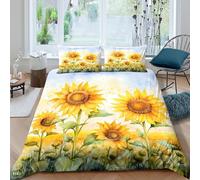 3D Print Breathable Microfibre Sunflower field Comforter Cover All Season Bedding Set with Pillow Cases Watercolor floral art Duvet Cover Set All Season Washable for All Super king（260x220cm）