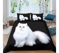 3D Print Breathable Microfibre White fluffy cat Comforter Cover All Season Bedding Sets with Matching Pillowcase Persian style pet Duvet Cover Easy Care, Washable for Men Women Kids Double（200x200cm）