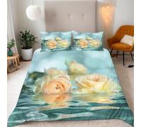 3D Print Champagne Roses Single Quilt Cover Set 135x200 Water Roses Bedding Set Soft Microfiber Hypoallergenic Duvet Cover with Zipper Closure and 2 Pillowcases 50x75 A.890